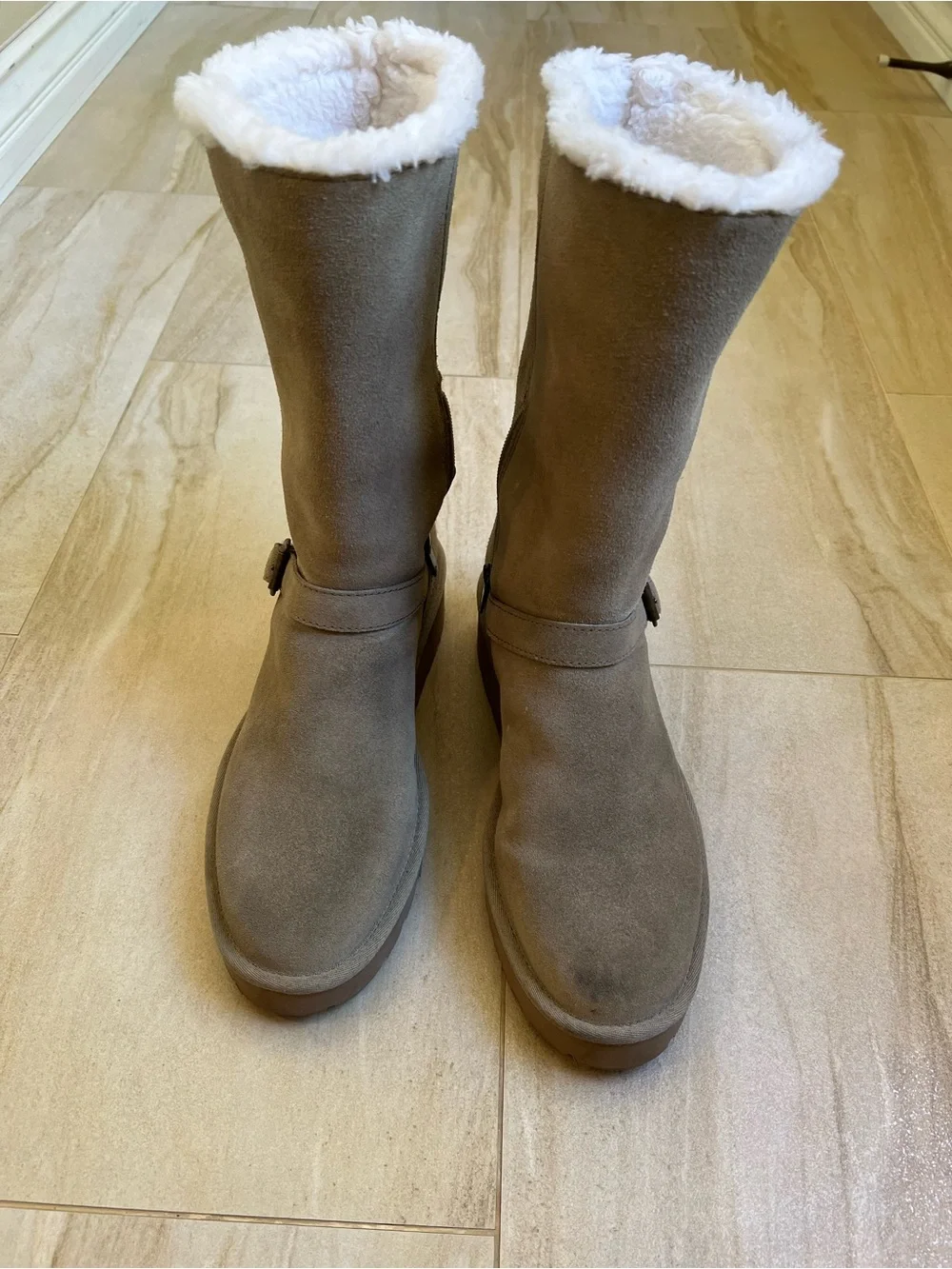 Koolaburra Taupe Suede Mid-Calf Winter Boots with White Shearling